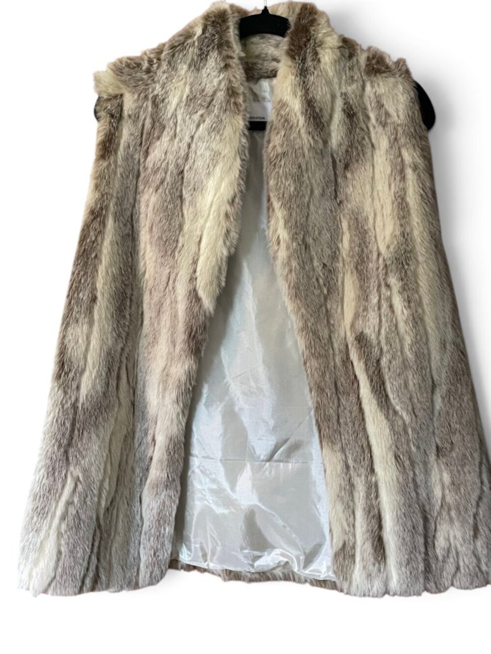 BCBG Gray White Tan Faux Fur Vest Long Fluffy Modern Uniform Large Retro